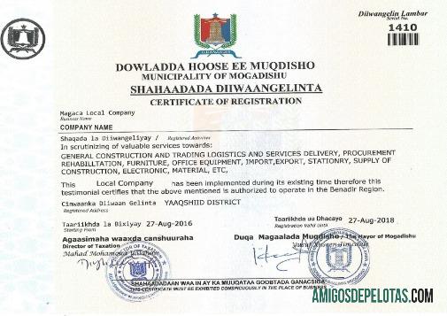 Somali Certificate Of Registration amostra